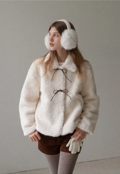 Womens Bow Tie Fleece Teddy Jacket