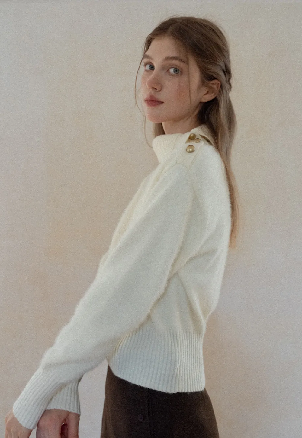 Button Shoulder Turtleneck Sweater
