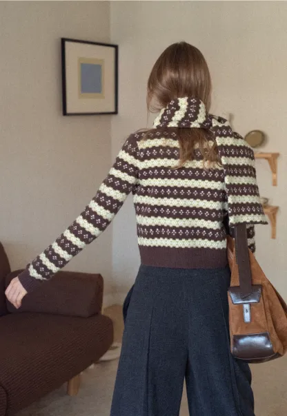 Women Warm Knit Cardigan Set Vintage Striped Style