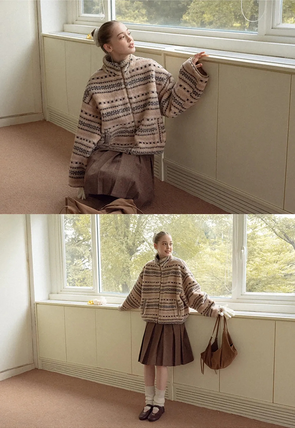 Women Vintage Fleece Jacket Striped Warm Outerwear