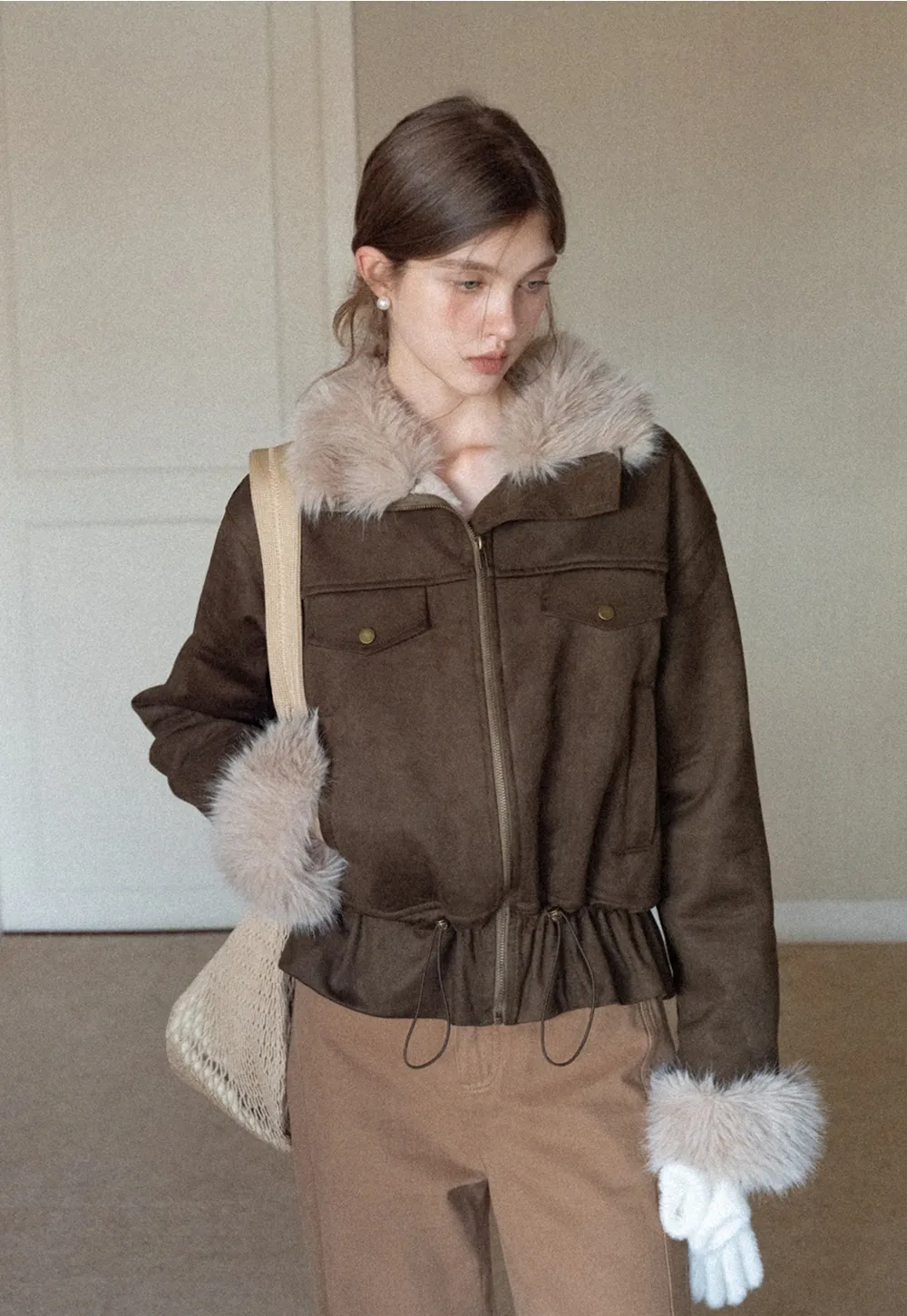 Women Faux Suede Fur Trim Short Winter Jacket