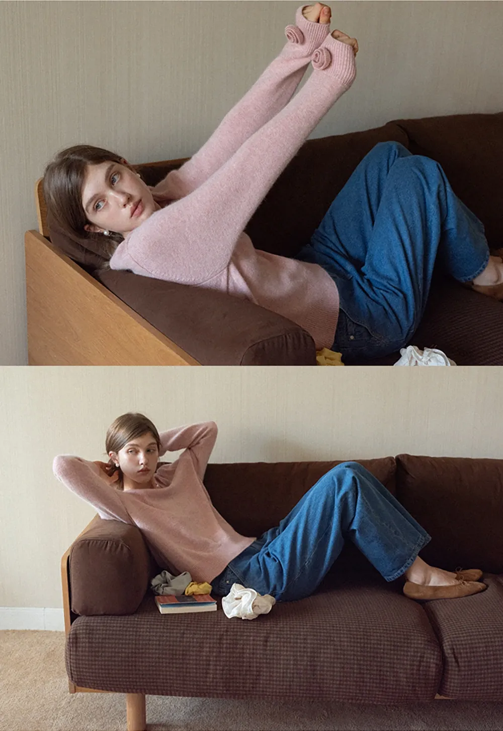 Women V-Neck Knit Sweater with Bow Cuff Detail