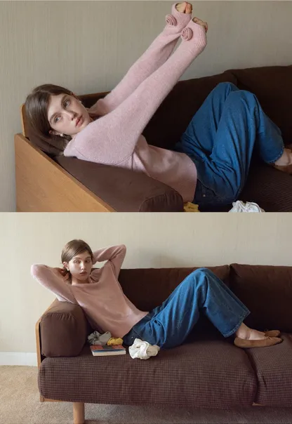 Women V-Neck Knit Sweater with Bow Cuff Detail