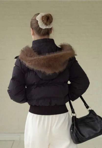 Stylish Black Winter Coat Jacket with Fur Hood