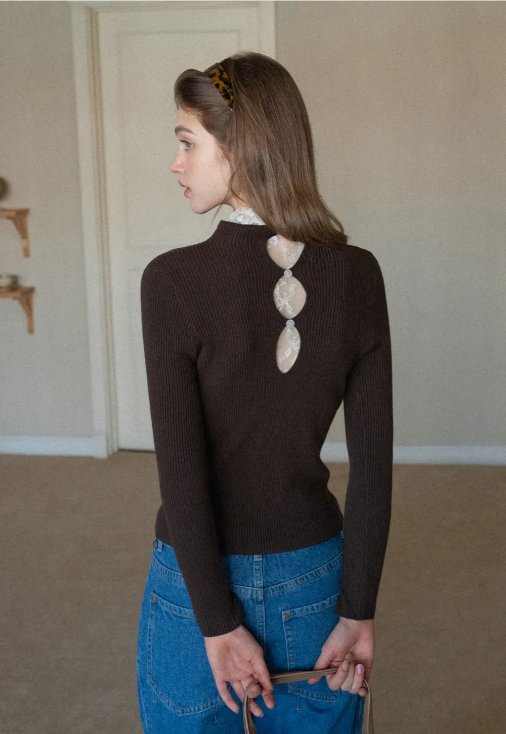 Womens Ribbed Mock Neck Top with Lace Buttons