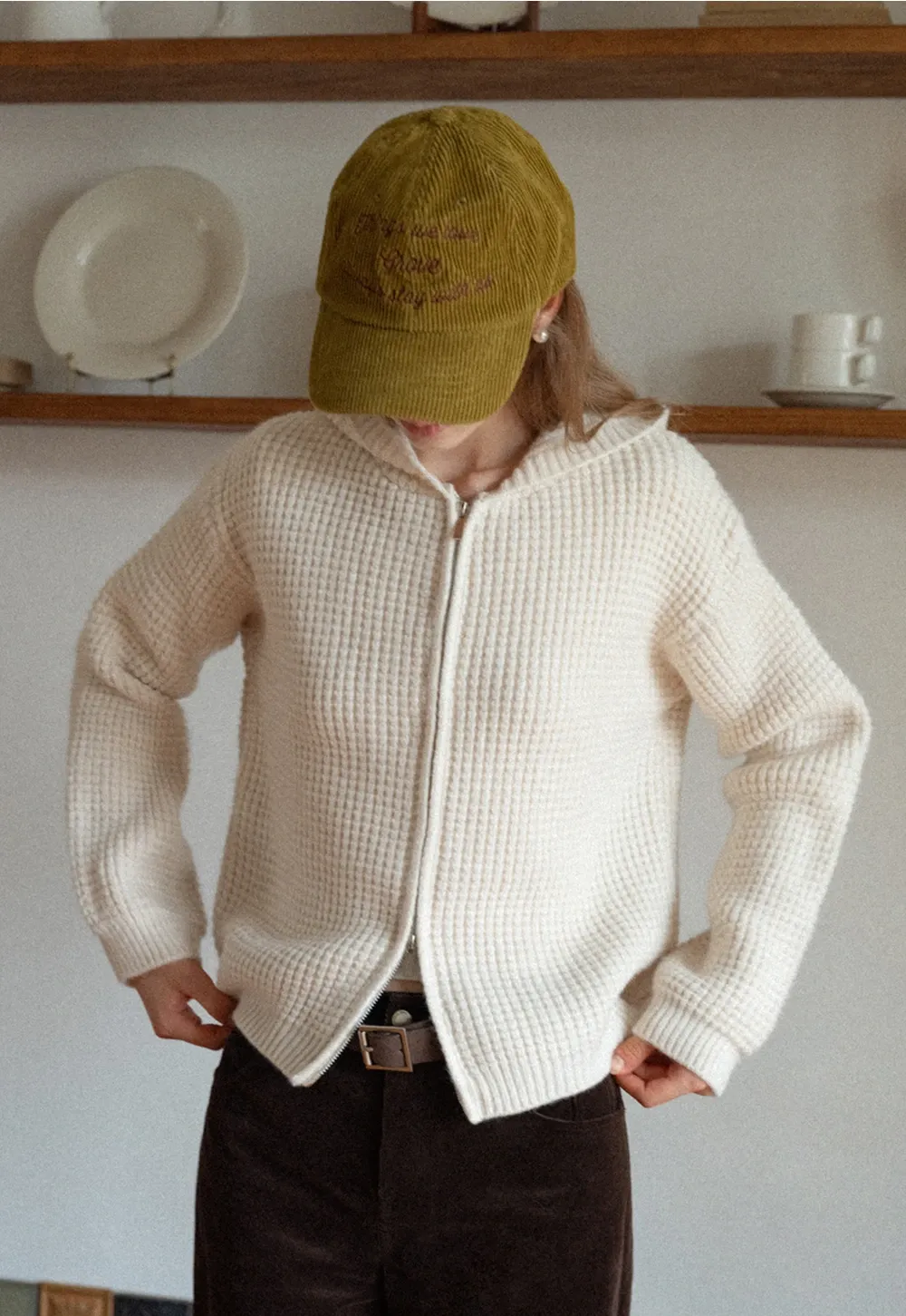 Womens Zip-up Waffle Knit Hoodie