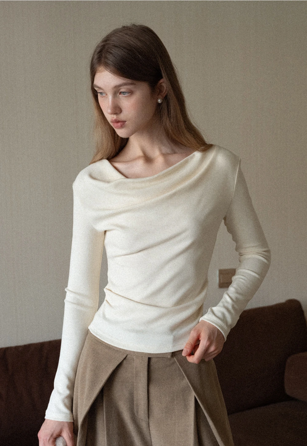 Womens Long Sleeve Drape Neck Top