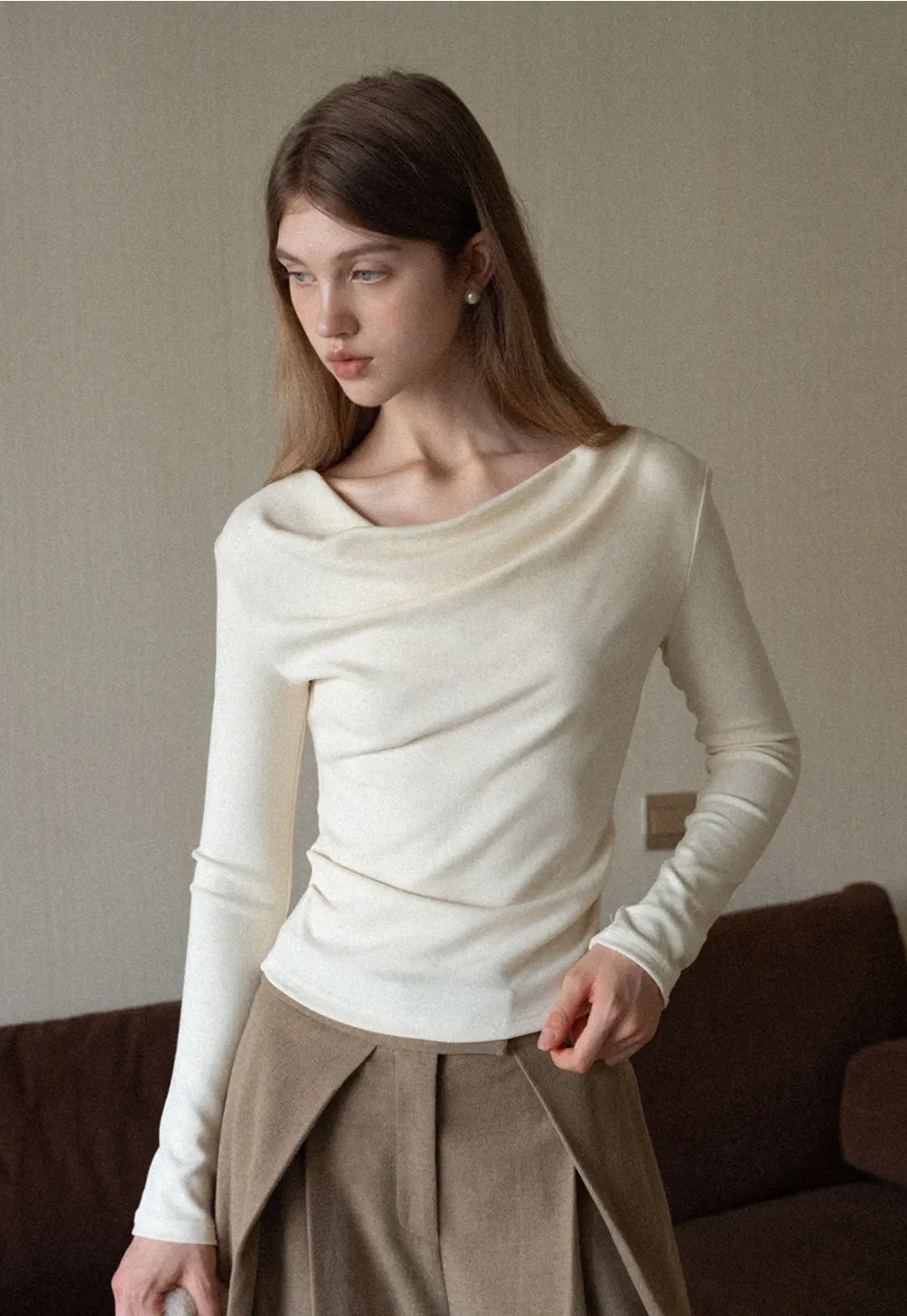 Womens Long Sleeve Drape Neck Top