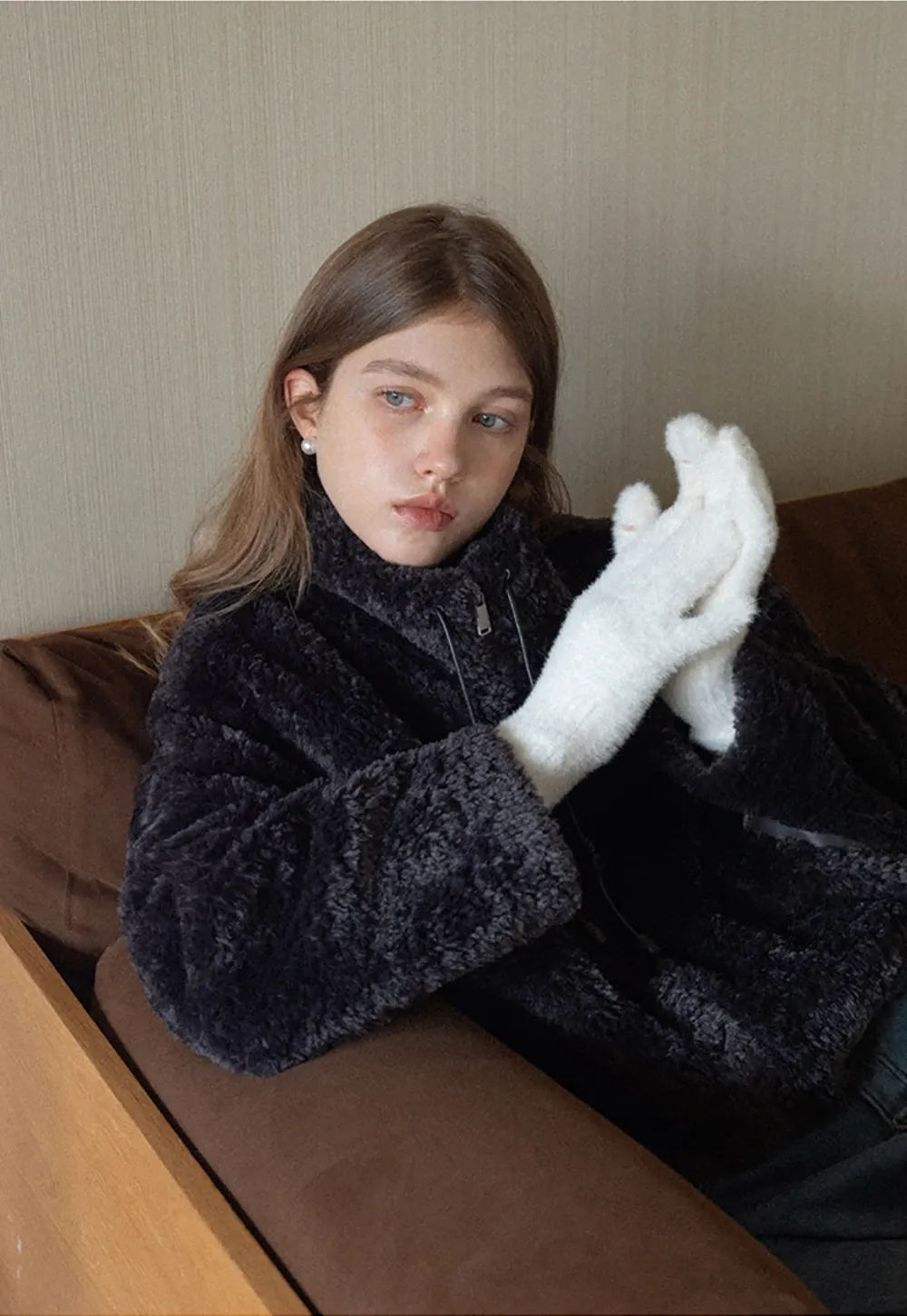 Womens Oversized Stand Collar Faux Leather and Sherpa Jacket