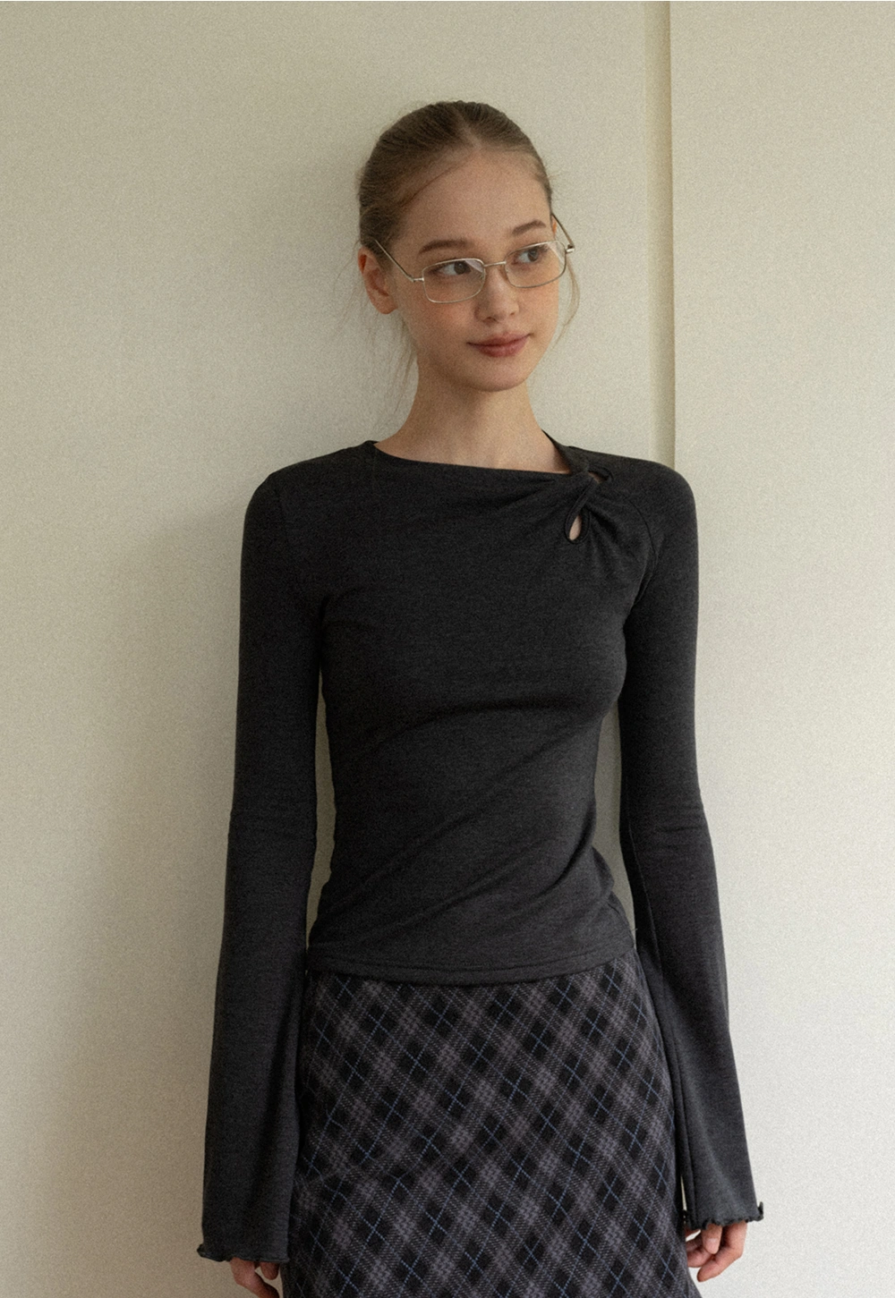 Women Gray Knot Detail Long Sleeve Top