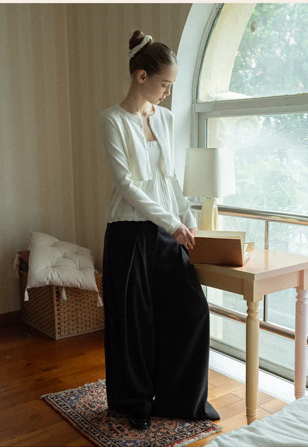 Chic White Cardigan with Bow Tie and Matching Camisole