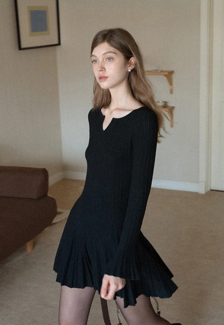 Black Pleated Dress with Bell Sleeves for Women