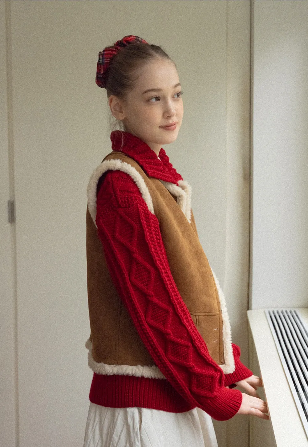 Women Brown Suede Shearling Vest with Warm Fleece Lining