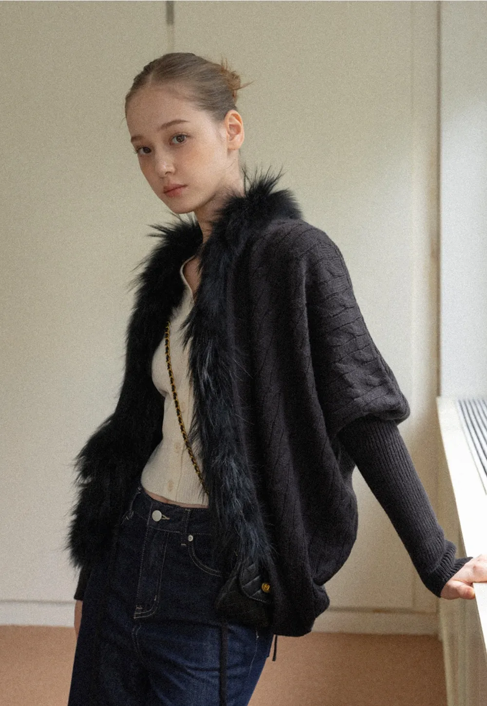 Faux Fur Collar Cable Knit Poncho Sweater for Women