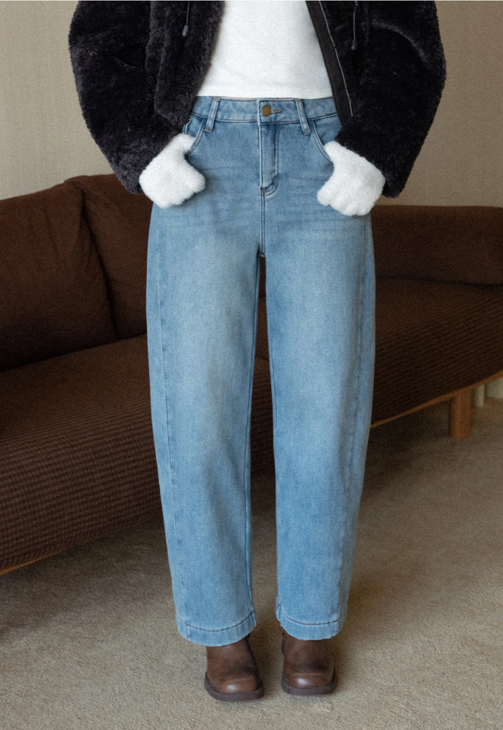 Wide-Leg Denim Jeans with Belt and Charm Detail