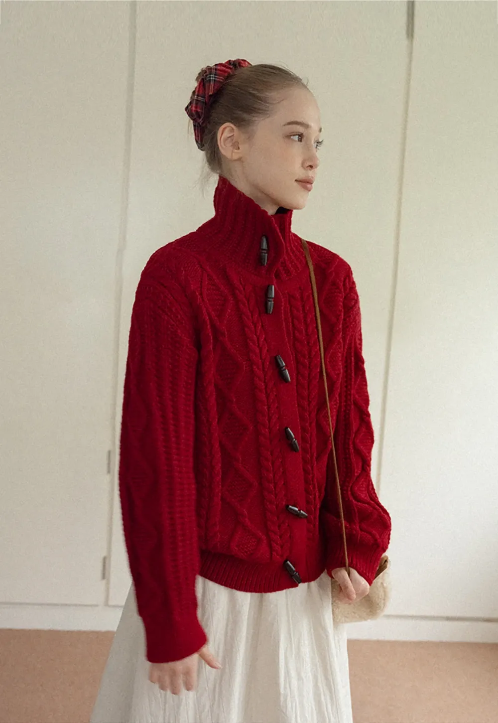 Loose Fit Turtleneck Sweater Cardigan with Cable Knit and Toggle Closure