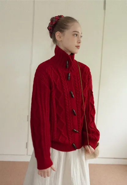 Loose Fit Turtleneck Sweater Cardigan with Cable Knit and Toggle Closure