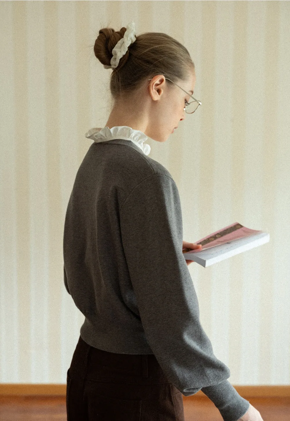 Women V-Neck Cardigan with Puff Long Sleeves