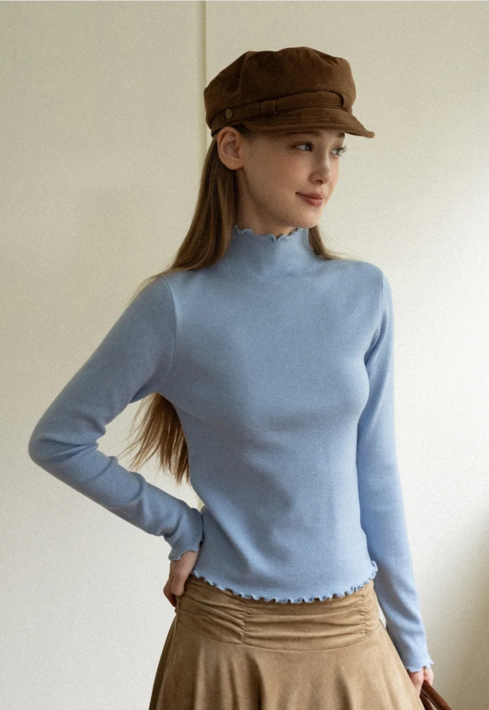 Chic Light Blue Ruffle Trim Turtleneck Sweater
