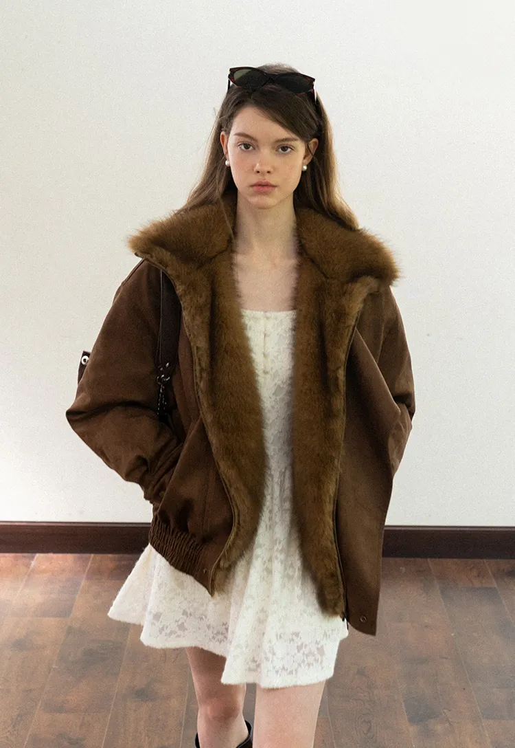 Faux Suede Jacket with Fur Collar