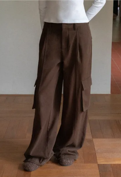 Women Brown Wide-Leg Cargo Pants with Pockets