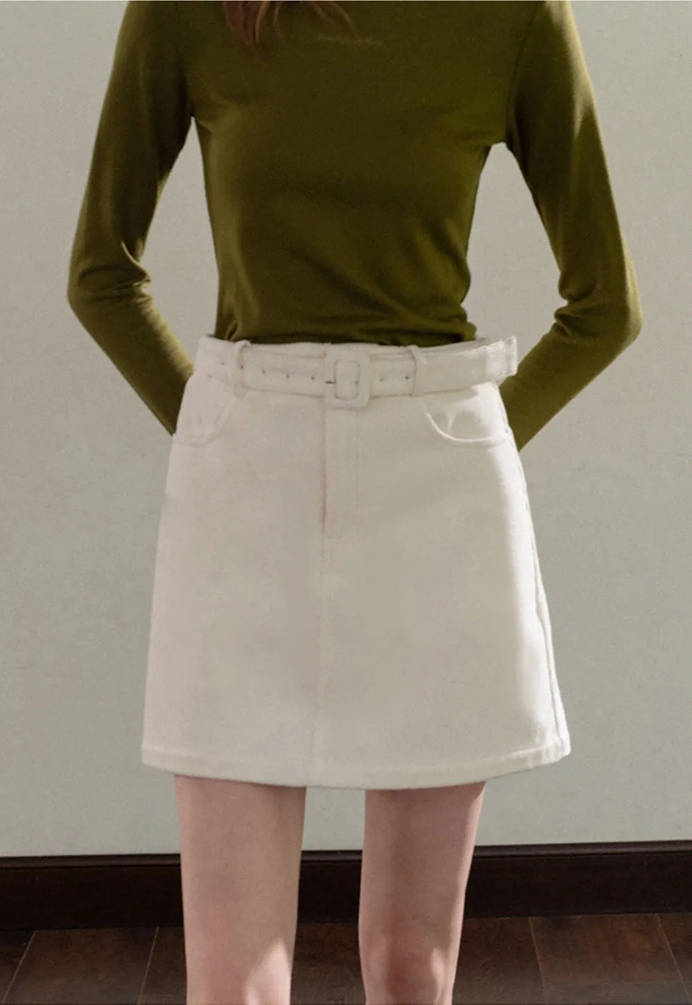 Women White Belted Corduroy Skirt