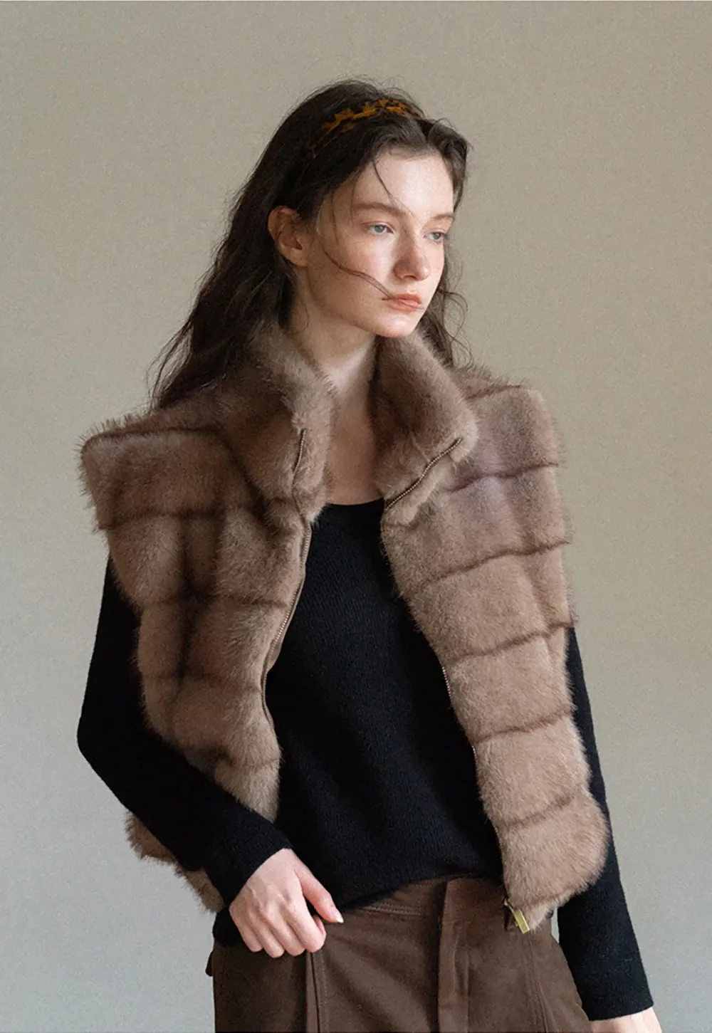 Layered Fuzzy Stand-Collar Vest