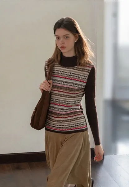 Striped Fair Isle Turtleneck Knit Top