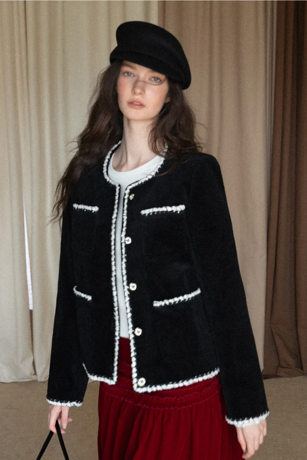 Womens Classic Contrast Trim Tweed Short Jacket