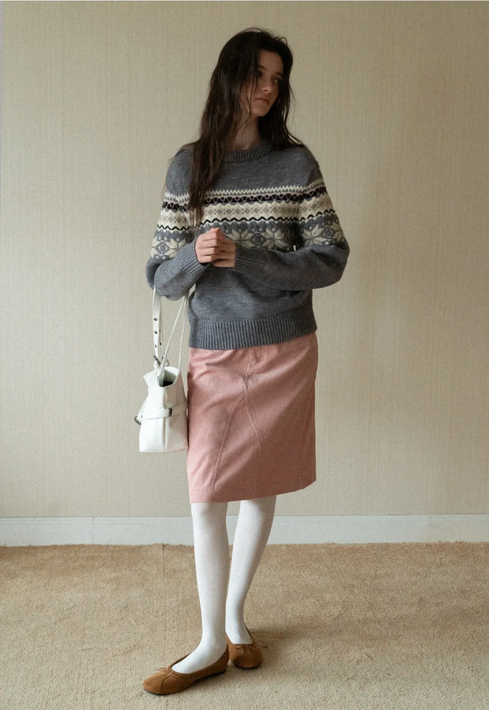 Gray Knit Sweater with Fair Isle Pattern