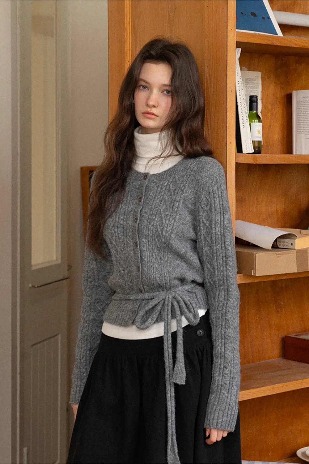 Cable Knit Cardigan with Tie-Front Detail