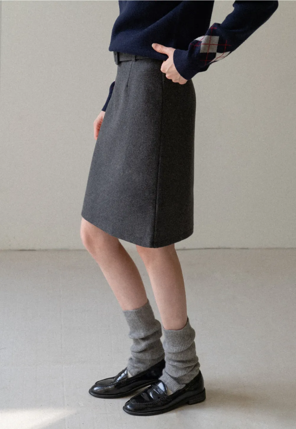 Wool Belted A-Line Mini Skirt in Charcoal