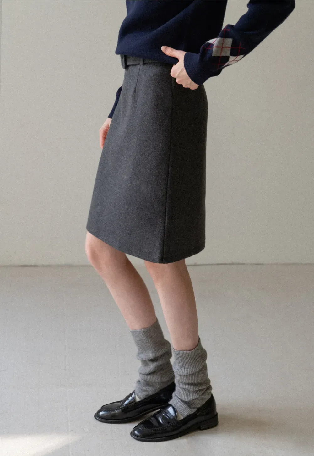 Wool Belted A-Line Mini Skirt in Charcoal