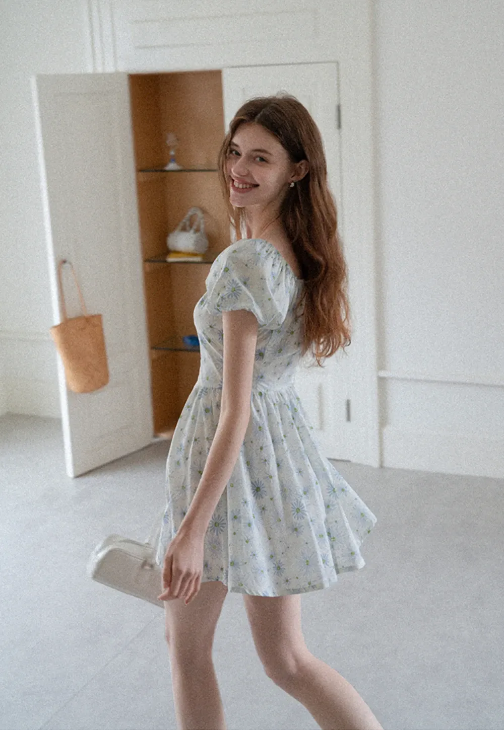 Square Neck Puff Sleeve Daisy Print Dress