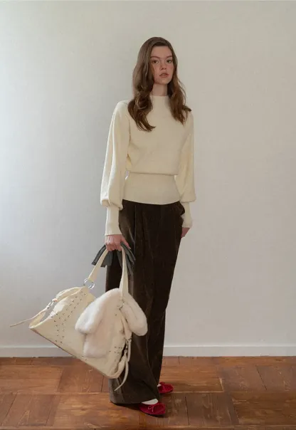 Ribbed High-Neck Sweater with Balloon Sleeves