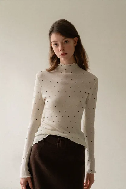 Polka Dot High Neck Ruffle Knit Top