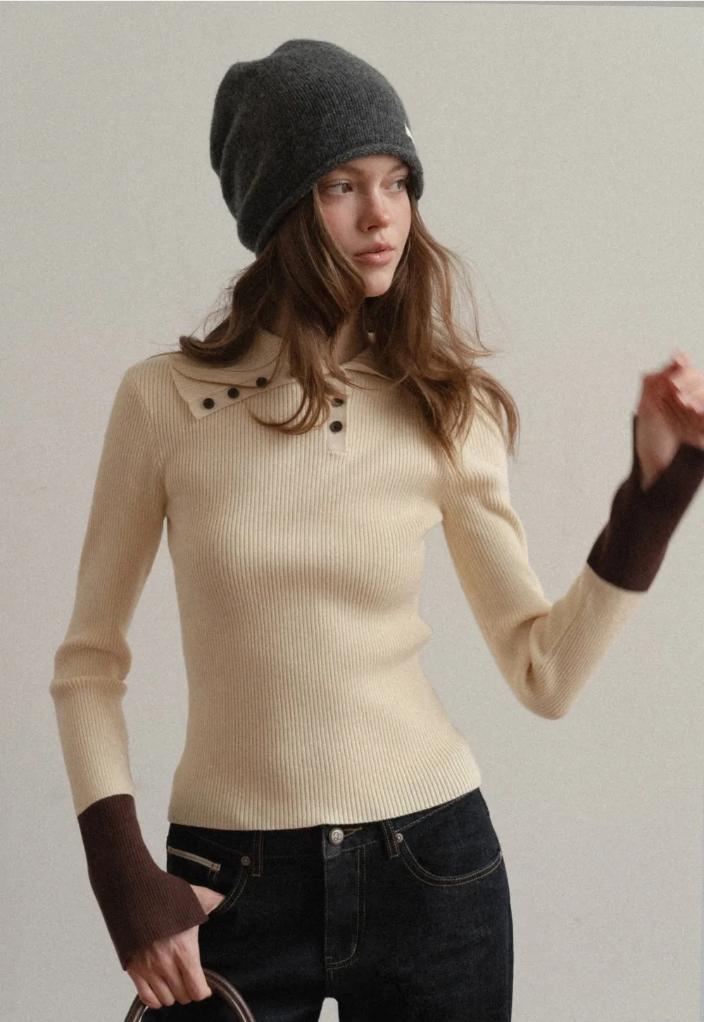 Women Stylish Ribbed Knit Top with Button Neck