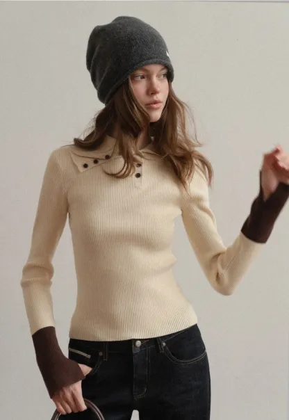 Women Stylish Ribbed Knit Top with Button Neck