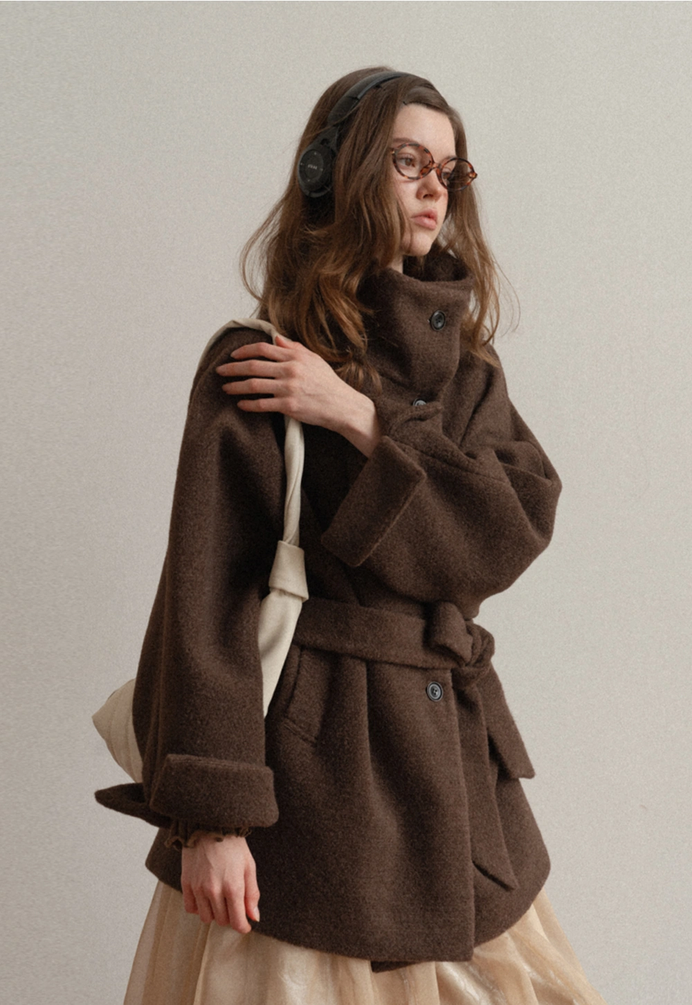 Winter Woolen Coat with Belt and Button Fastening