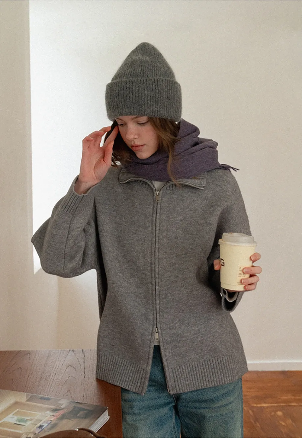 Women Grey Zip-Up Sweater with Ribbed Collar