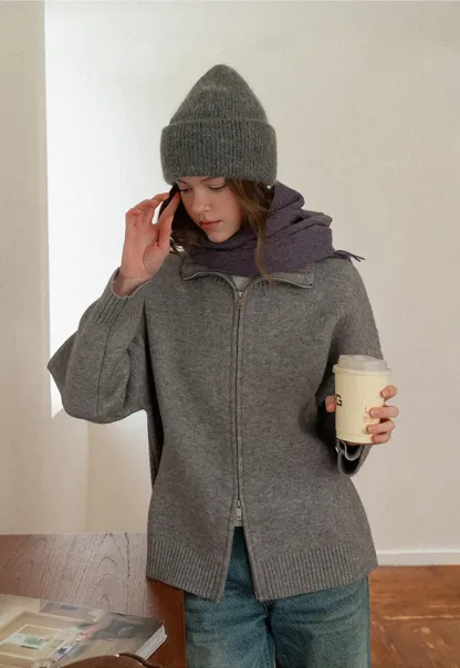 Women Grey Zip-Up Sweater with Ribbed Collar