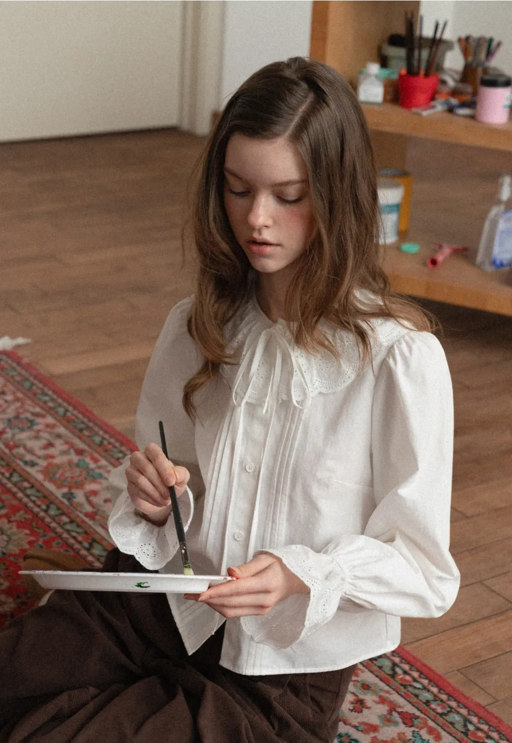Vintage Style White Blouse with Lace Trim