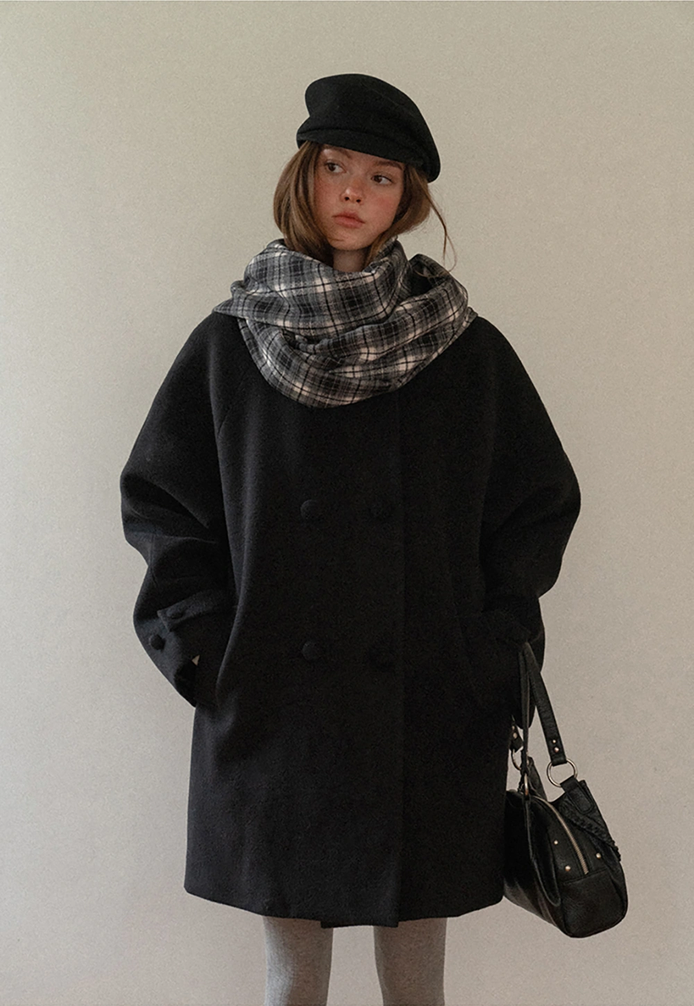 Women Black Wool Coat with Plaid Scarf Set