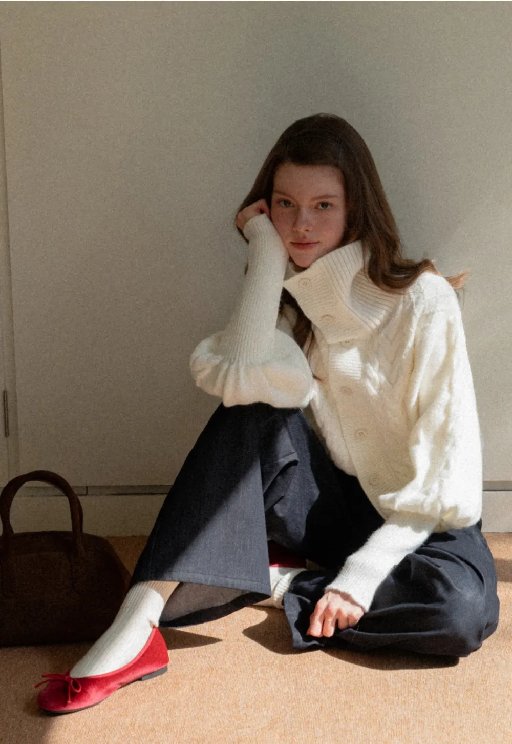 Chunky Knit Cardigan with Balloon Sleeves