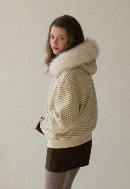 Women Striped Zip-Up Hoodie with Fur Collar