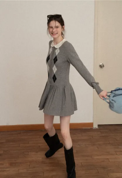 Argyle Knit Dress with Peter Pan Collar