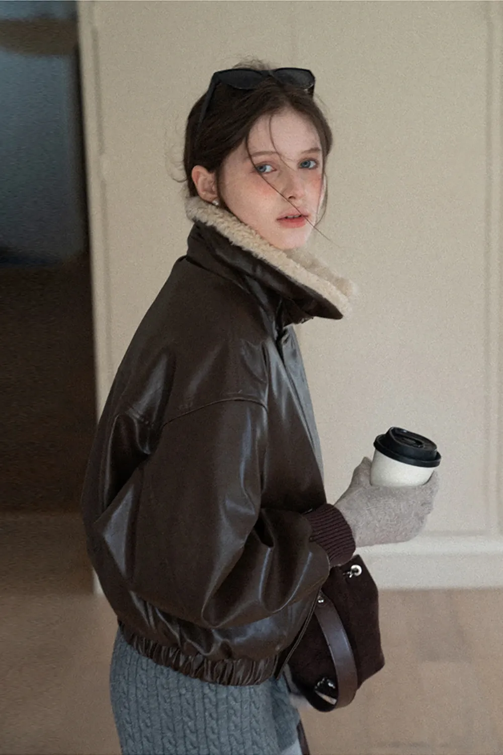 Faux Leather Bomber Jacket with Fur Collar