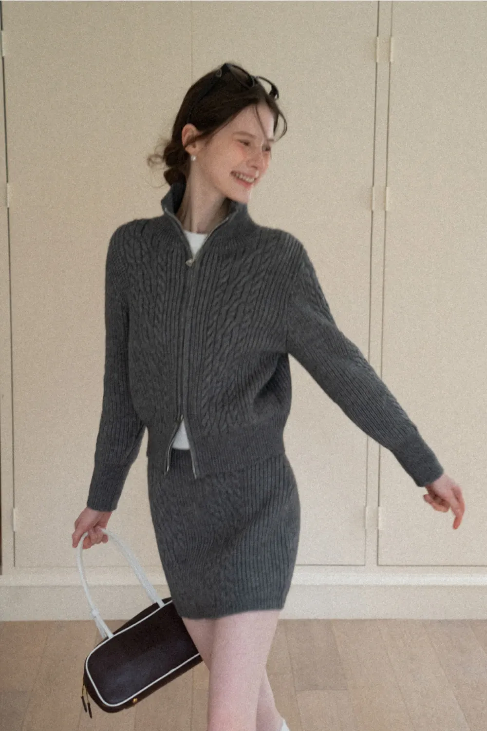 Cable Knit Zip-Up Sweater and Skirt Set