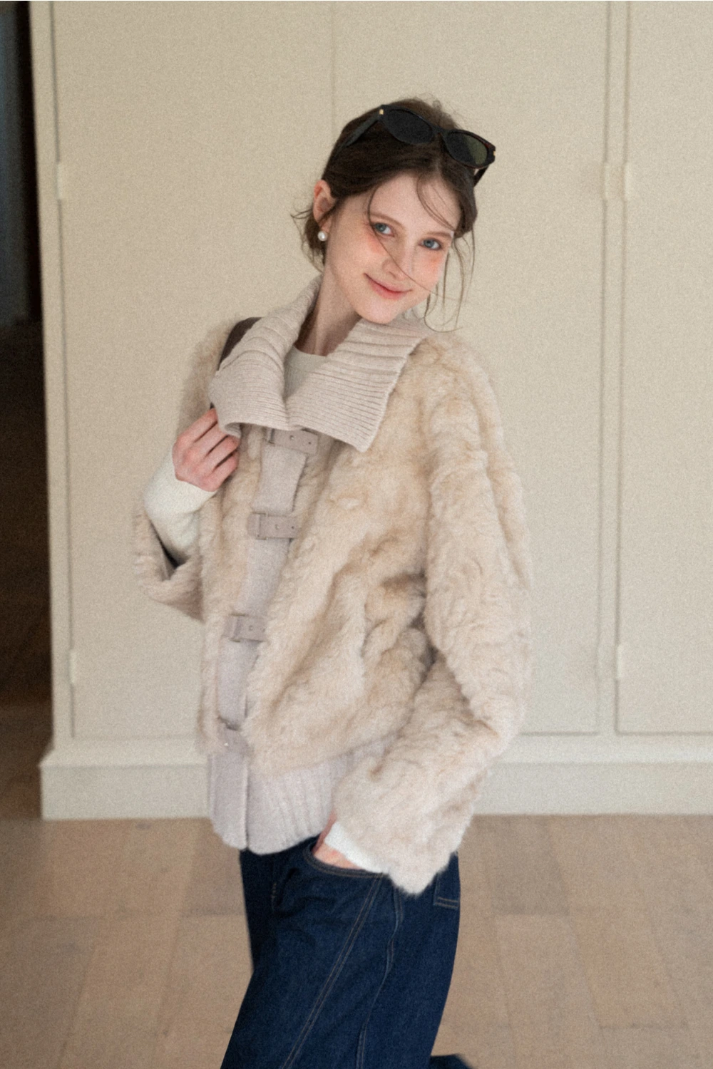 Collar Knit Patchwork Faux Shearling Coat