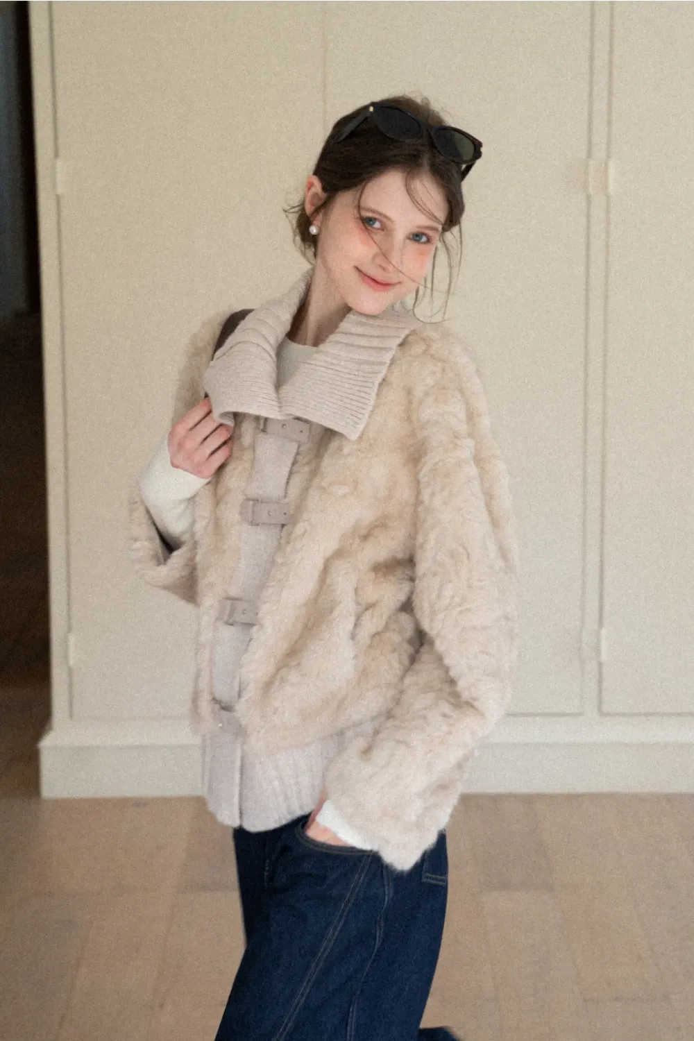 Collar Knit Patchwork Faux Shearling Coat